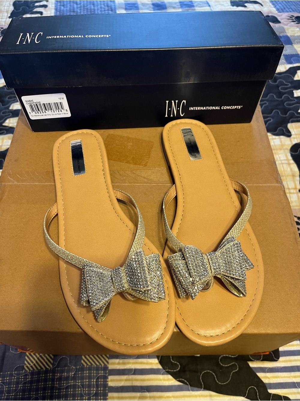 INC International Concepts Tan Slide Sandals with Sparkling Bow